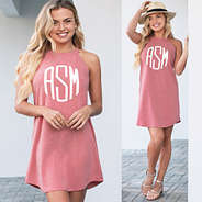coral high neck dress split image with circle monogram