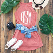 coral monogrammed high neck dress with denim jacket in circle monogram