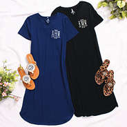 navy and black monogrammed midi dresses