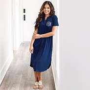 monogrammed navy midi dress with sandals