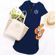 personalized midi dress in navy with seaside tote