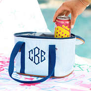 navy seersucker small cooler by pool