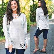 front and back of monogrammed gray criss cross tunic
