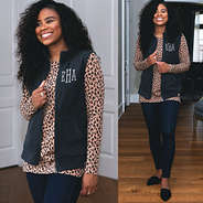 charcoal monogrammed fleece vest with leopard tee