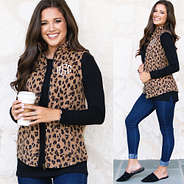 front and side shot of monogrammed leopard microfleece vest