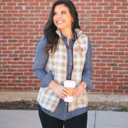 monogrammed tan buffalo plaid fleece vest with chambray tunic