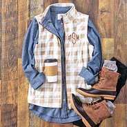 monogrammed buffalo plaid fleece vest in tan ootd