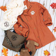 clemson field coat with monogrammed scarf and tote