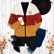 colorblock cardigan in mustard, rust, and ivory