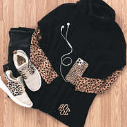 monogrammed black cowl neck tunic with leopard accessories
