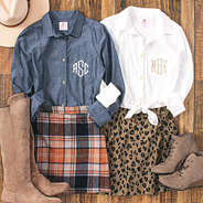 monogrammed button down tunics with plaid and leopard pull on skirts