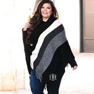 monogrammed striped poncho with jeans