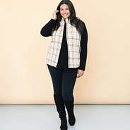 ivory plaid reversible vest on julia ann studio shot