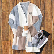cozy gray monogrammed audrey cardigan with leggings and sneakers