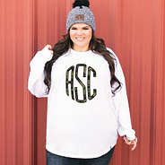 long sleeve shirt with large camo monogram