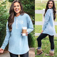 front and side shot of blue boyfriend henley