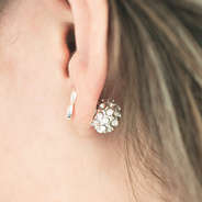 silver single initial earring set with rhinestone ball back in ear