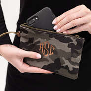 iphone in monogrammed camo wristlet
