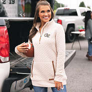 oatmeal quilted pullover sweatshirt with ga tech logo at tailgate