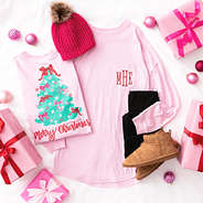 light pink christmas tree shirt flatlay