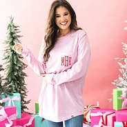 light pink christmas tree shirt on peyton