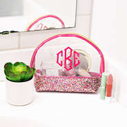 clear confetti cosmetic case in bathroom
