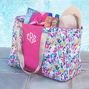 monogrammed extra large tote bag in watercolor cheetah with beach accessories