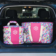 personalized cooler and extra large tote bag in watercolor cheetah in trunk