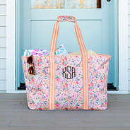 coral floral extra large tote on porch