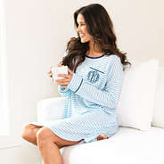 blue/white stripes nightgown on peyton with coffee mug