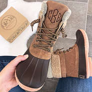 monogrammed brown foldover duck boots with duck boot box