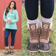 pullover sweatshirt and duck boot socks with fold over duck boots