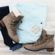 sueded lace up boots with monogrammed corded sweatshirt