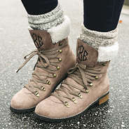 monogrammed suede lace up boots with duck boot socks