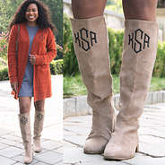 boyfriend cardigan and t-shirt dress with monogrammed riding boots