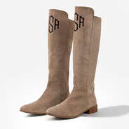 monogrammed riding boots in tan