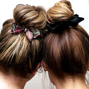 camel plaid and black velvet scrunchies in bun