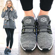 monogrammed camo sneakers with sweatshirt and scarf