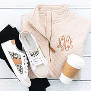 snakeskin sueded sneakers with monogrammed quilted pullover sweatshirt