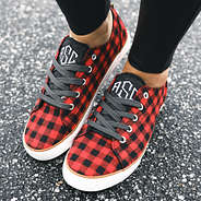 monogrammed buffalo plaid sneakers on pavement