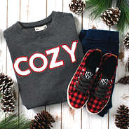 monogrammed buffalo plaid sneakers with cozy sweatshirt