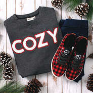 cozy sweatshirt with monogrammed buffalo plaid sneakers