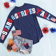 long sleeved stars and stripes jersey with denim shorts