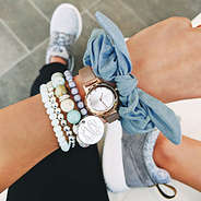 chambray scrunchie on wrist