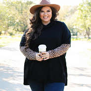 black cowl neck poncho with leopard dropped hem layering tee