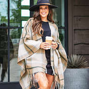 tan plaid poncho outfit with boots