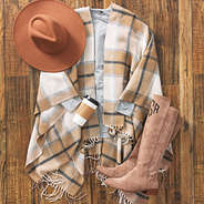 tan plaid poncho outfit with boots