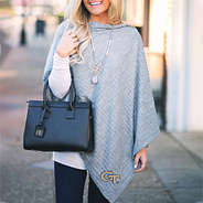 light gray georgia tech poncho with black purse