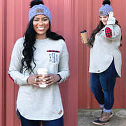 monogrammed buffalo sweatshirt with coffee and monogrammed beanie