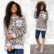 leopard boyfriend sweater with floppy hat and boots